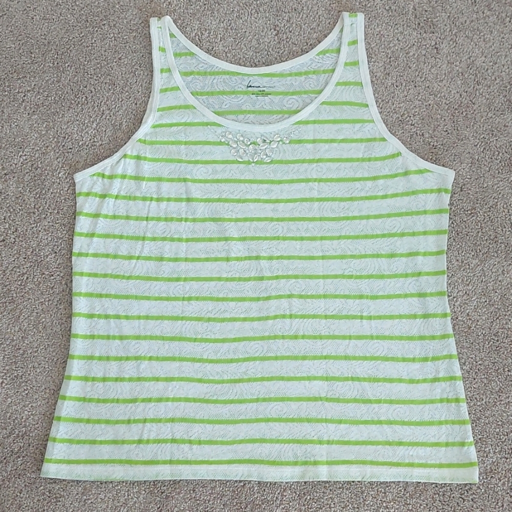 LANE BRYANT Plus Size Lime Green Striped Embellished White Tank Top NWOT